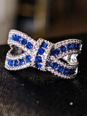 Platinum Plated Sterling Silver Sapphire Diamond Bow Ring Size 7 Bowknot
